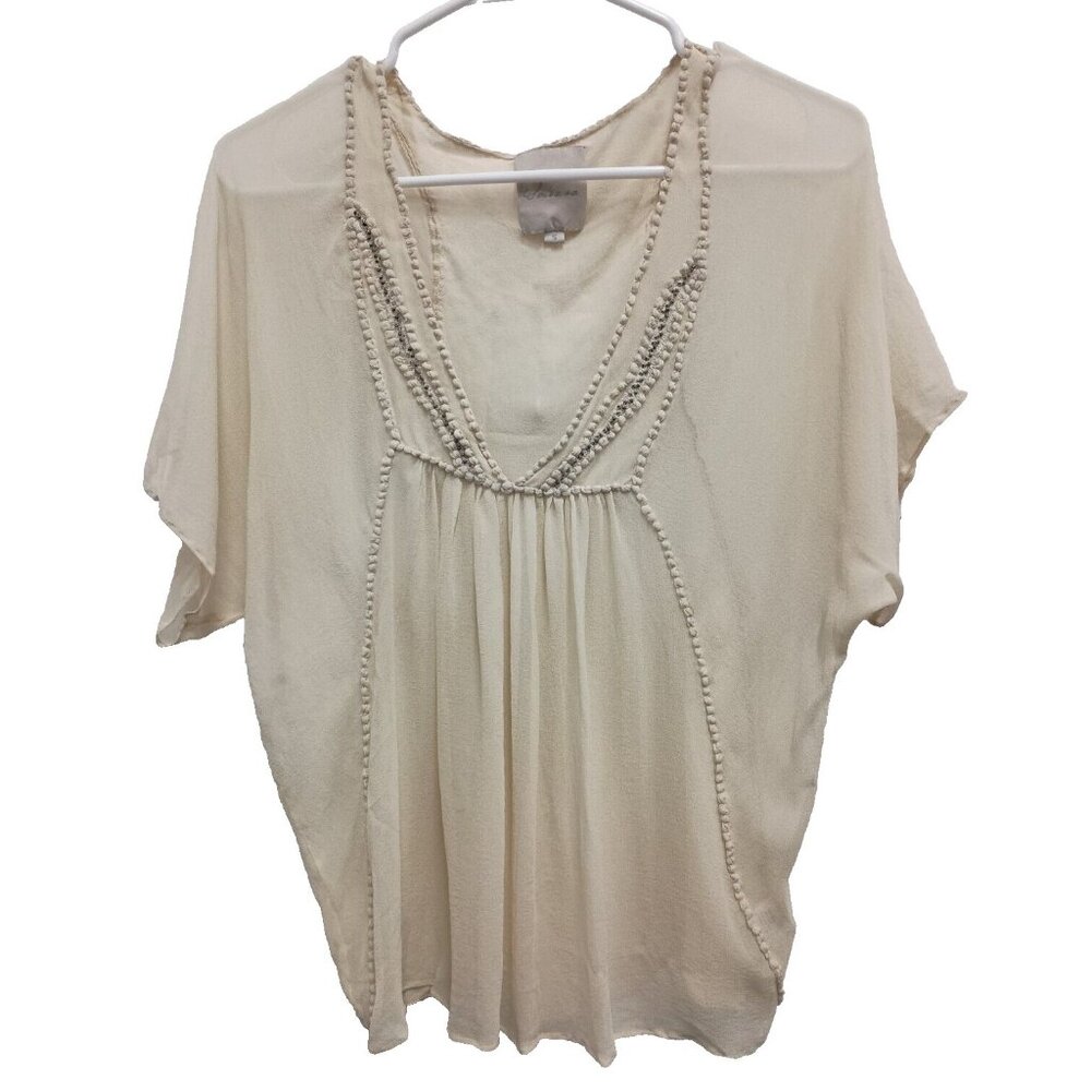 VTG Y2K Saivana Womens Silk Blouse Top Small Cream Sheer Dolman Beaded Fairy